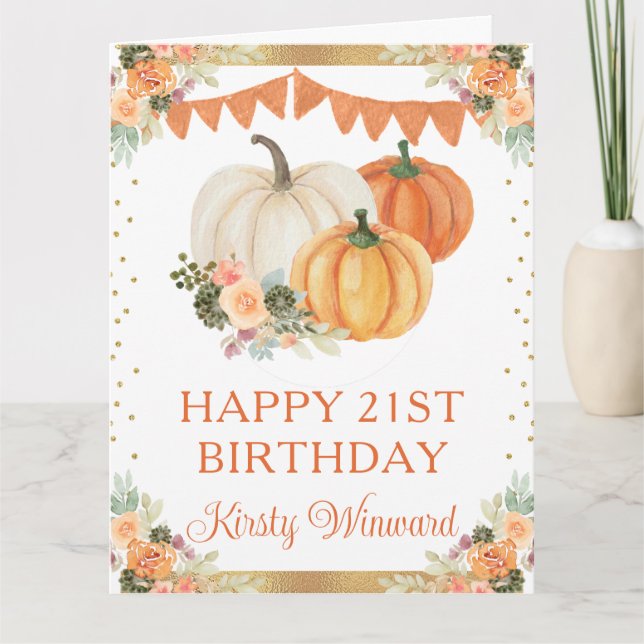 Carte Aquarelle Orange Floral Citrouille Anniversaire (Devant)