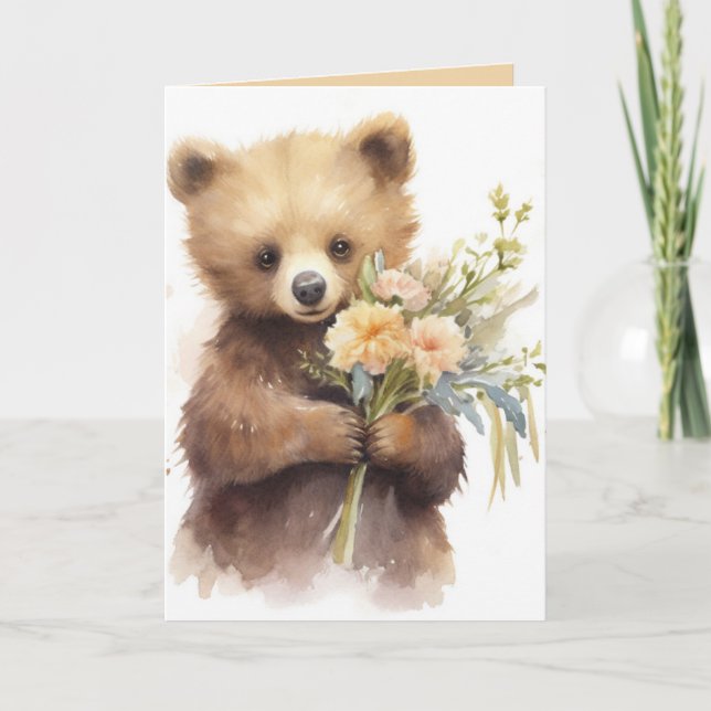 Carte Aquarelle Ours Brown Avec Fleurs (Devant)