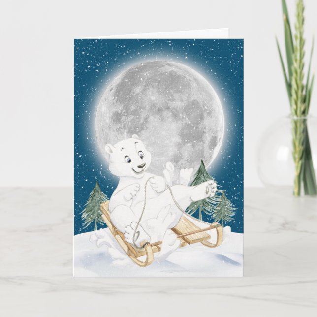 Carte Aquarelle Ours Polaire De Noël Sur Lame (Devant)