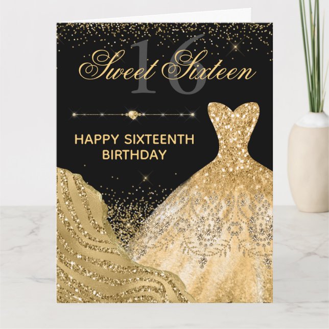 Carte Aquarelle Parties scintillant or robe sucré 16 Ann (Devant)