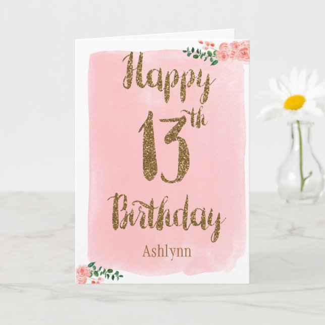 Carte Aquarelle Parties scintillant rose et or 13e anniv (Petite plante)