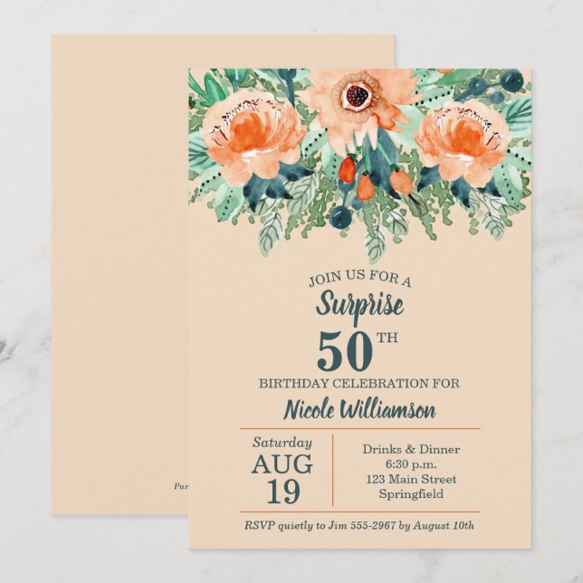 Carte Aquarelle Pêche Florale 50e anniversaire Invitatio (Devant / Derrière)