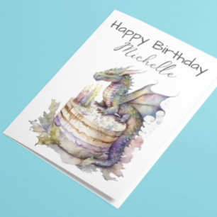 Carte Aquarelle personnalisée de gâteau Dragon Birthday