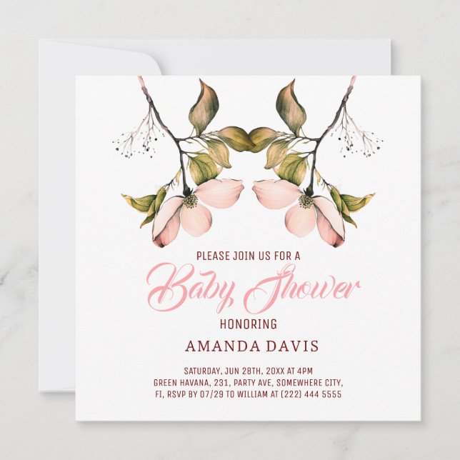 Carte Aquarelle Pink Flower Dogwood | BABY SHOWER (Devant)