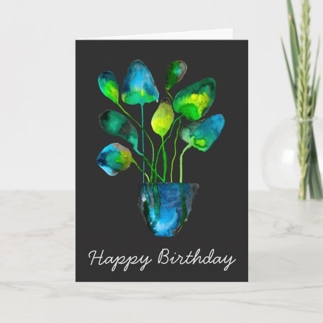 Carte Aquarelle plante art vert et bleu abstrait (Devant)