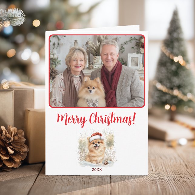 Carte Aquarelle Poméranie Illustration Joyeux Noël (Watercolor Pomeranian Illustration Merry Christmas Card)