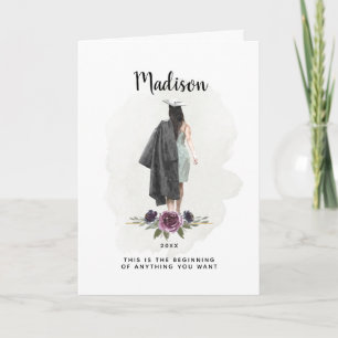 Carte Aquarelle Purple Floral Graduation Brunette Girl