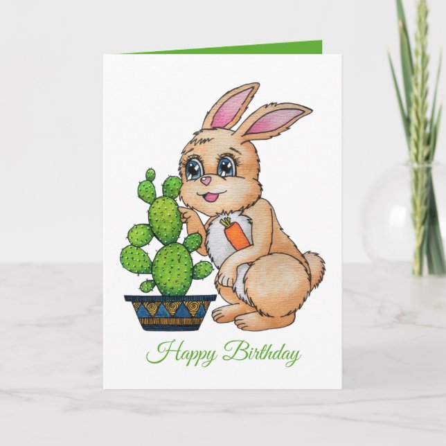 Carte Aquarelle Rabbit Et Cactus Mignons (Devant)