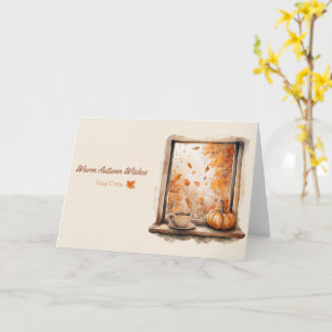 Carte Aquarelle Rainy Window avec Citrouille et café