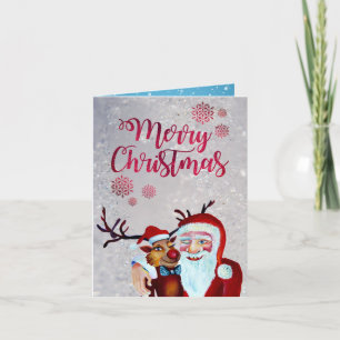 Carte Aquarelle rire Père Noël Rudolf Sourire