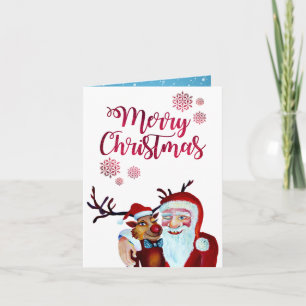 Carte Aquarelle rire Père Noël Rudolf Sourire