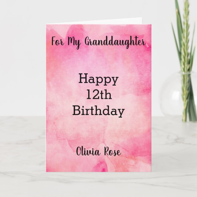 Carte Aquarelle rose 12e anniversaire petite-fille (Devant)