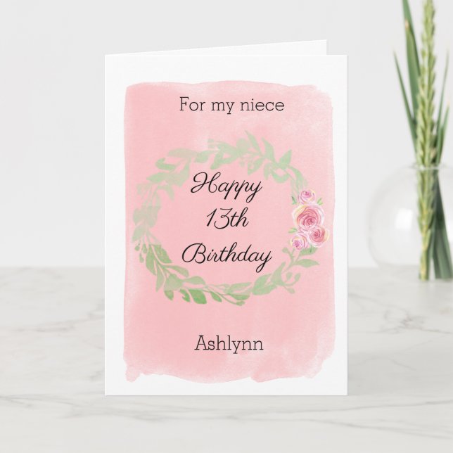 Carte Aquarelle rose Bonne 13ème anniversaire nièce (Devant)