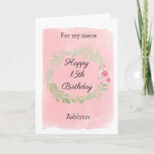 Carte Aquarelle rose Bonne 13ème anniversaire nièce