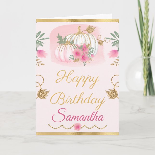 Carte Aquarelle rose Citrouille or Anniversaire (Devant)