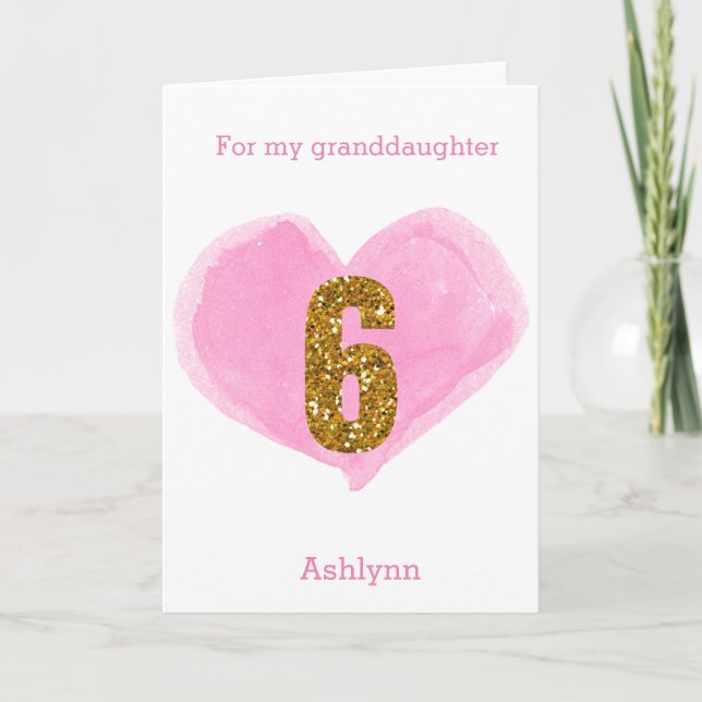 Carte Aquarelle rose Coeur Parties scintillant or 6e ann (Devant)