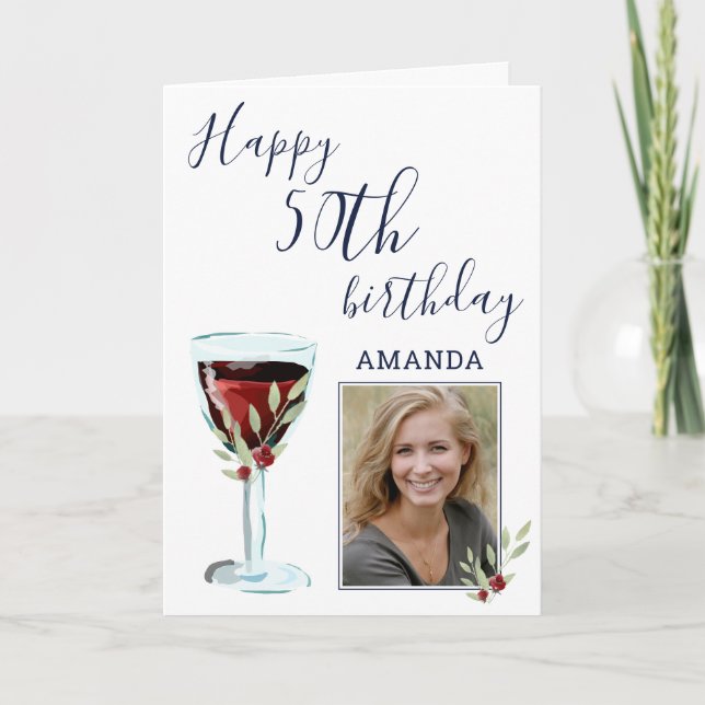 Carte Aquarelle Rose de vin rouge Photo 50e anniversaire (Devant)