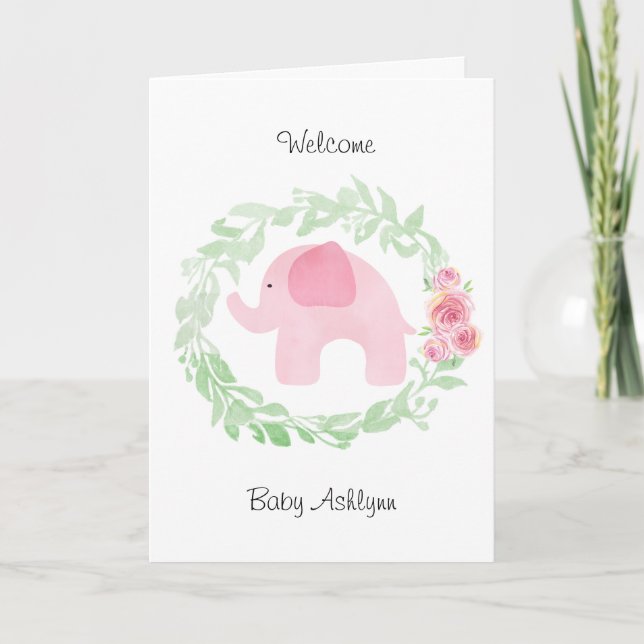Carte Aquarelle rose Eléphant Bienvenue bébé (Devant)