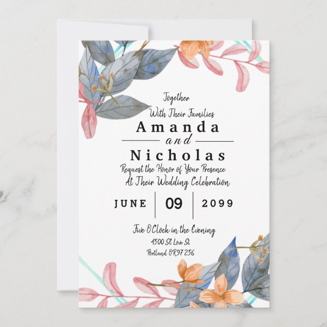 Carte Aquarelle rose et gris Cadre floral (Devant)