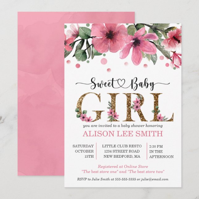 Carte Aquarelle rose et or baby shower fille (Devant / Derrière)
