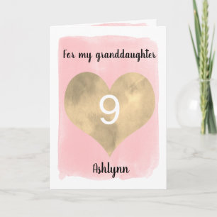 Carte Aquarelle rose et or Coeur 9e anniversaire