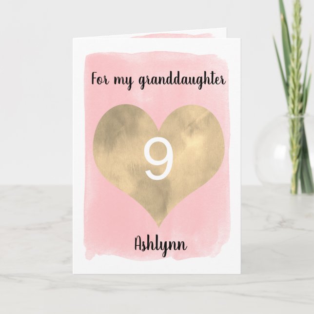 Carte Aquarelle rose et or Coeur 9e anniversaire (Devant)
