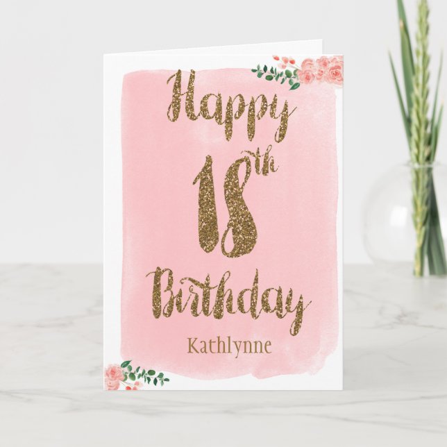 Carte Aquarelle rose et Parties scintillant or 18 Annive (Devant)