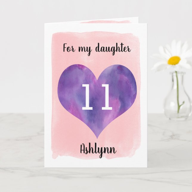 Carte Aquarelle rose et violet 11e anniversaire Fille (Petite plante)