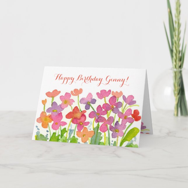 Carte Aquarelle rose Fleurs Joyeux Anniversaire Nom pers (Devant)