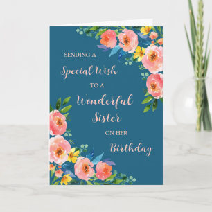 Carte Aquarelle rose Fleurs Soeur Anniversaire