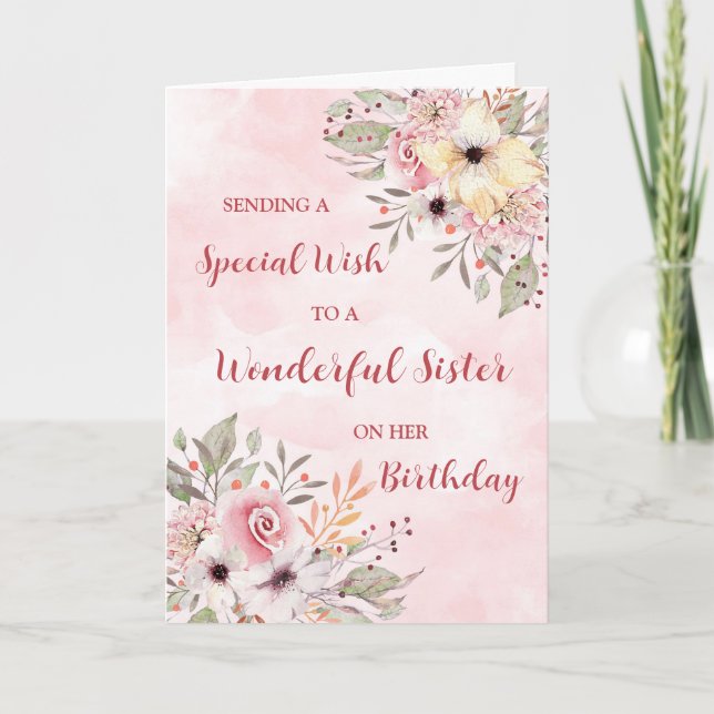 Carte Aquarelle rose Fleurs Soeur Anniversaire (Devant)