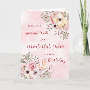 Carte Aquarelle rose Fleurs Soeur Anniversaire