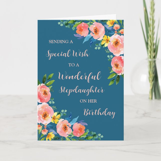 Carte Aquarelle rose Fleurs Stepgirl Anniversaire (Devant)