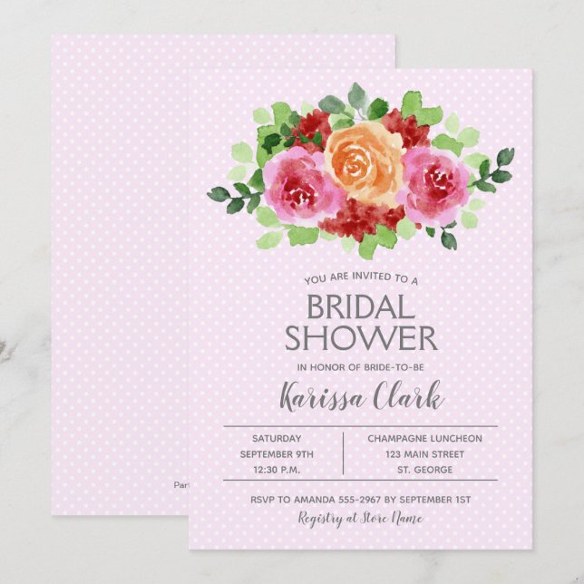 Carte Aquarelle rose Floral & Dots Fête des mariées Invi (Devant / Derrière)