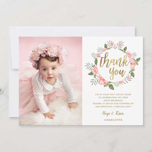 Carte Aquarelle rose Floral Or Merci d'anniversaire (Devant)