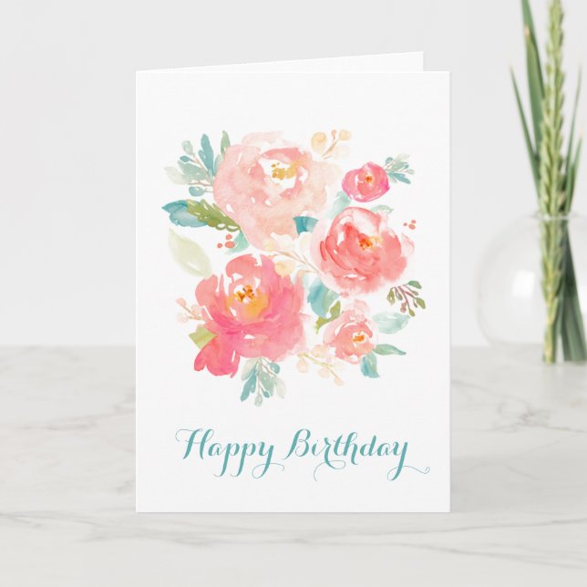 Carte Aquarelle rose florale Anniversaire Élégant (Devant)