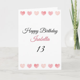 Carte Aquarelle rose mignonne Coeur 13e anniversaire