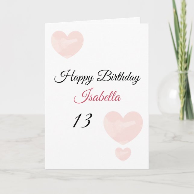Carte Aquarelle rose mignonne Coeurs peints 13e annivers (Devant)