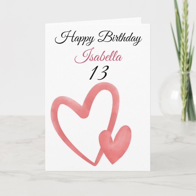 Carte Aquarelle rose mignonne Double Coeur 13e anniversa (Devant)