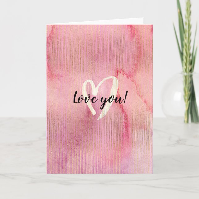 Carte Aquarelle rose or Aimer coeur (Devant)