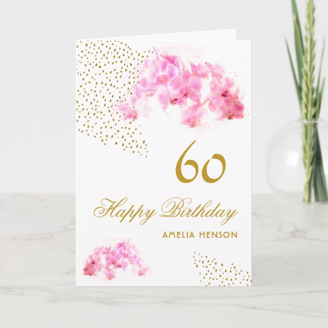 Carte Aquarelle rose orchidée Parties scintillant or 60e (Devant)