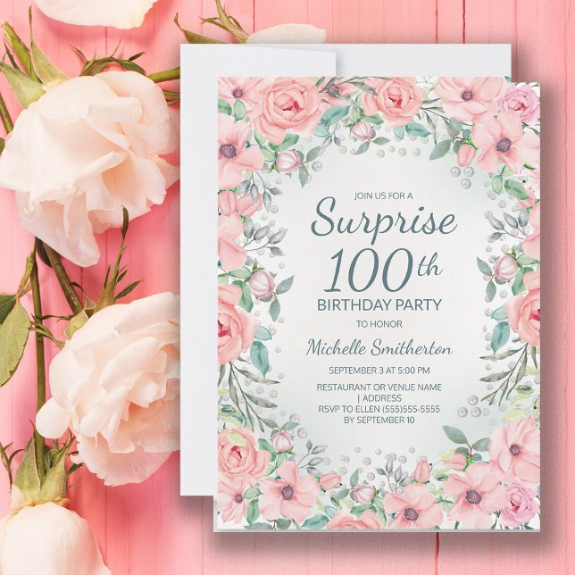 Carte Aquarelle rose perles Roses florales 100e annivers (Pink floral Surprise 100th birthday invitation)