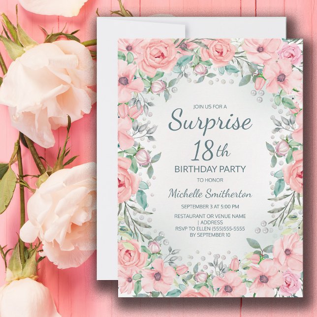 Carte Aquarelle rose perles Roses florales 18e anniversa (Blush pink floral surprise 18th birthday party invitation personalized with your text.)