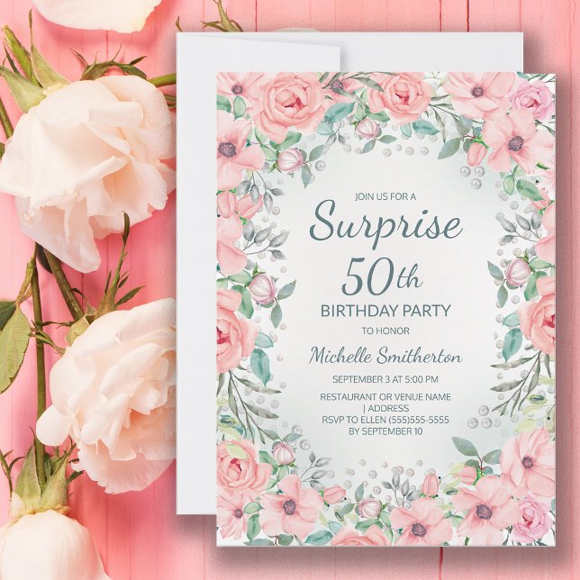 Carte Aquarelle rose perles Roses florales 50e anniversa (Blush pink floral surprise 50th birthday party invitation customized with your text.)