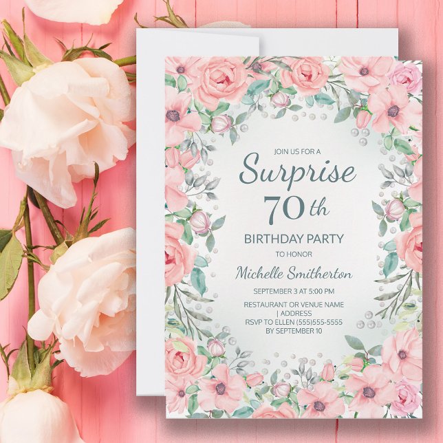 Carte Aquarelle rose perles Roses florales 70e anniversa (Blush pink floral surprise 70th birthday party invitation customized with your text.)