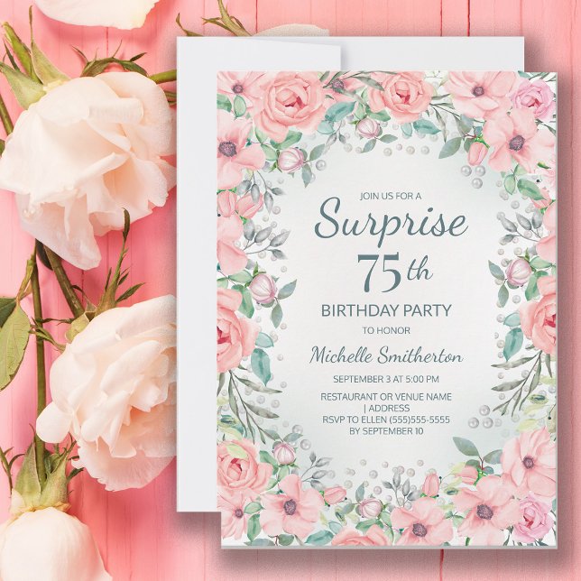 Carte Aquarelle rose perles Roses florales 75e anniversa (Blush pink floral surprise 75th birthday party invitation customized with your text.)