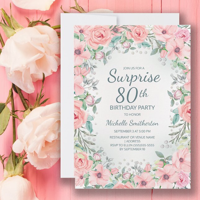 Carte Aquarelle rose perles Roses florales 80e anniversa (Blush pink floral surprise 80th birthday party invitation customized with your text.)
