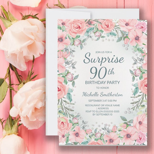 Carte Aquarelle rose perles Roses florales 90e anniversa (Pink floral surprise 90th birthday party invitation customized with your text.)
