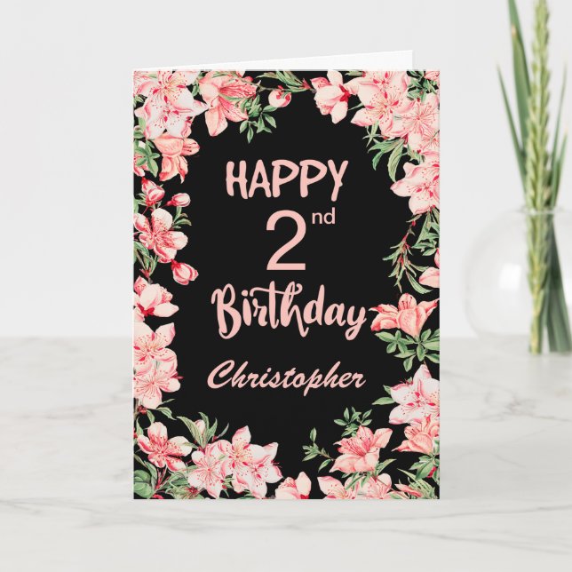 Carte Aquarelle rose rose 2e anniversaire Floral Noir (Devant)
