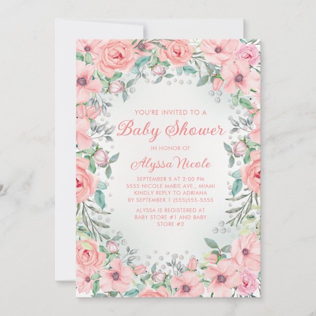 Carte Aquarelle rose Rose Baby shower perles florales (Devant)